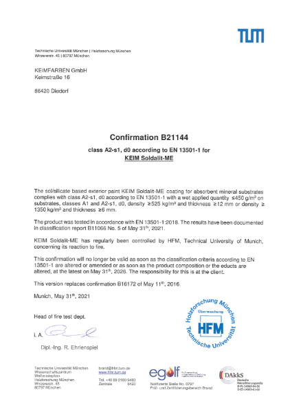 Keim Soldalit ME Fire Certificate B21144 May 2021