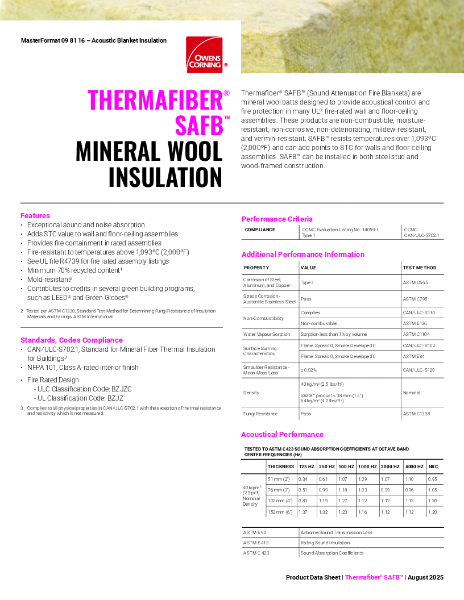 Thermafiber SAFB Mineral Wool Insulation Data Sheet