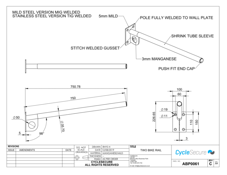 Technical drawing 750mm / 2 bike version of secure wall mount