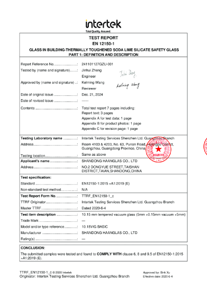 TEST REPORT EN 12150-1 + A1:2019 (E)
GLASS IN BUILDING-THERMALLY TOUGHENED SODA LIME SILICATE SAFETY GLASS 
PART 1: DEFINITION AND DESCRIPTION 