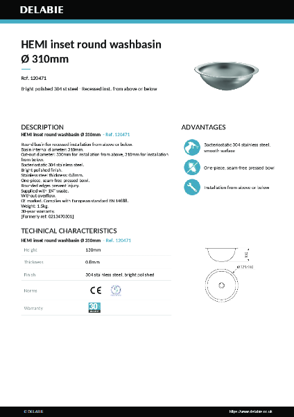 HEMI basin Ø 310mm 120471 data sheet