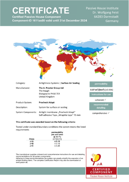 Procheck Adapt Passive House Product Certificate