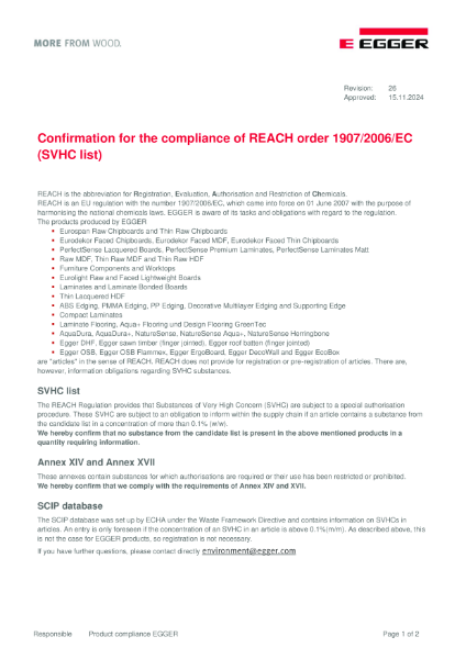 Confirmation for the compliance of REACH (order 1907/2006/EC (SVHC list)