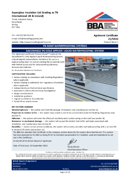 TNi Dacoshield PU Cold Applied Liquid Waterproofing System - BBA Certificate 21/5910