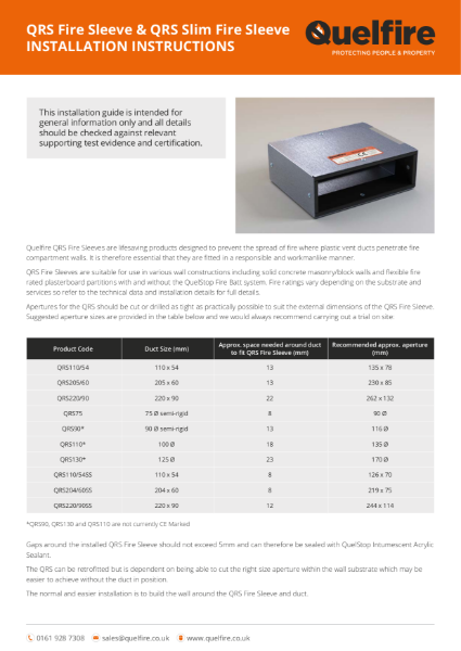 Installation Instructions - QRS Fire Sleeves & QRS Slim Fire Sleeves for Plastic Vent Ducts