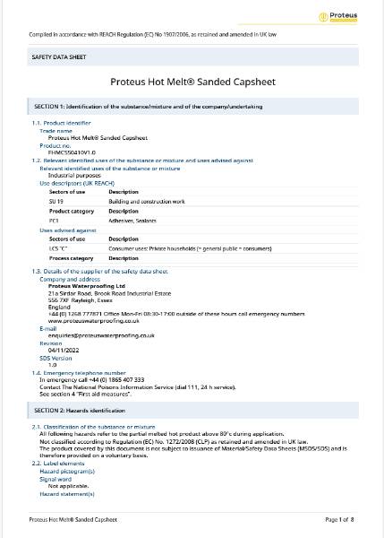 Safety Data Sheet - Proteus Hot Melt® Capsheet