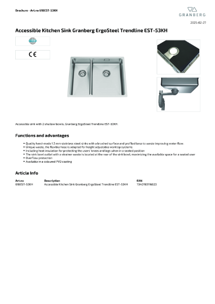 Technical Data Sheet Granberg Sink EST-53KH