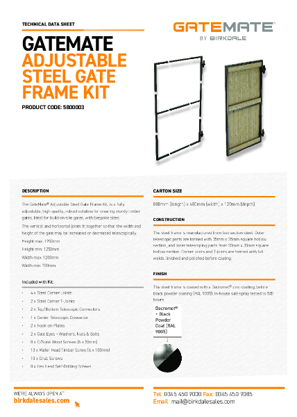 GATEMATE® Adjustable Steel Gate Frame - Product Data Sheet