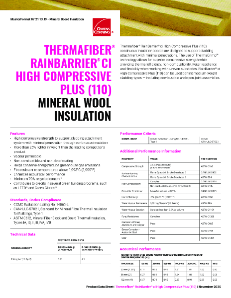 Thermafiber RainBarrier CI High Compressive Plus (110) Mineral Wool Insulation Data Sheet