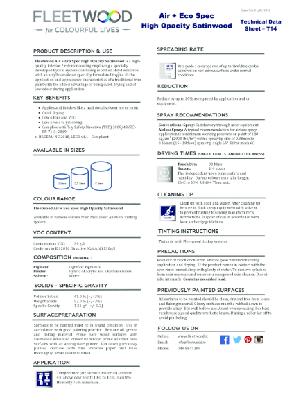 Fleetwood Air + Eco Spec High Opacity Satinwood Technical Data Sheet