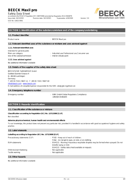 Beeck Maxil Pro - Safety Data Sheet