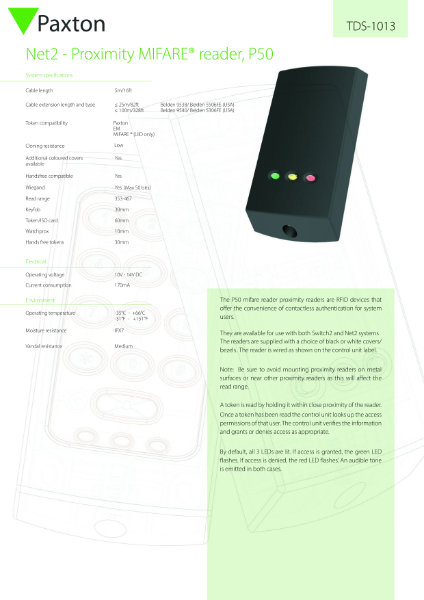 Net2 proximity MIFARE Reader, P50 - data sheet