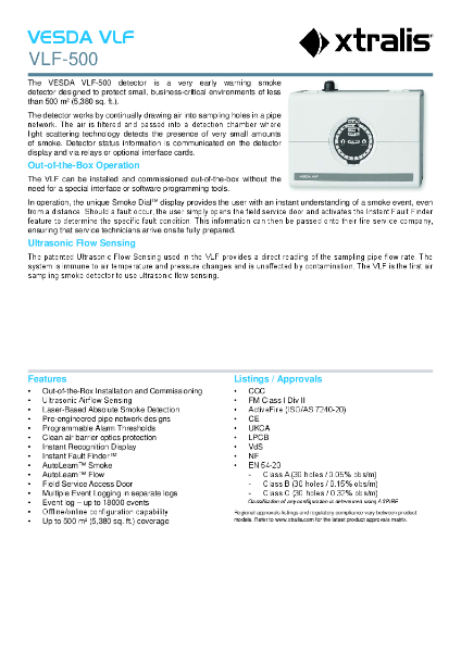 XTRALIS Aspirating Smoke Detector - VESDA LaserFocus (VLF) VLF-500