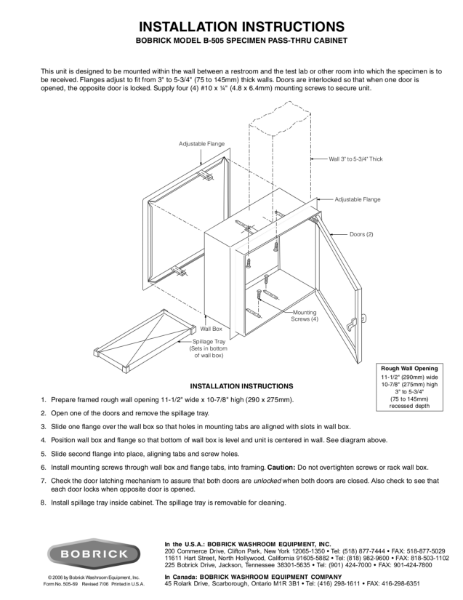 Installation Instructions - Bobrick Model B-505 Specimen Pass-Thru Cabinet