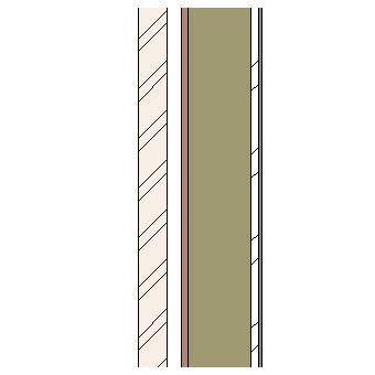 Brick cavity wall with wood frame, particleboard, insulation and plasterboard lining on metal furrings