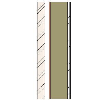 Brick cavity wall with wood frame, particleboard, insulation and plasterboard lining on metal furrings