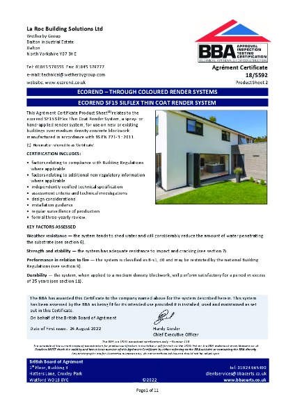 ecorend SF15 BBA Certificate