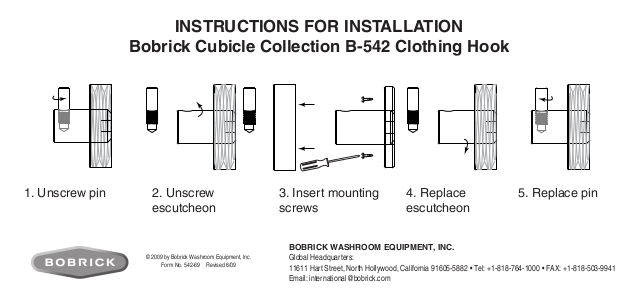 Instructions for Installation - Bobrick Cubicle Collection B-542 Clothing Hook