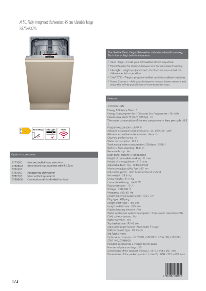 Fully Integrated 45cm Dishwasher, S875HKX21G Datasheet