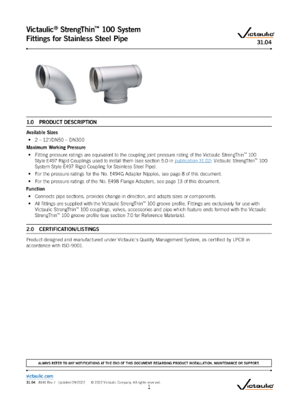 Victaulic® StrengThin™ 100 System Fittings for Stainless Steel Pipe