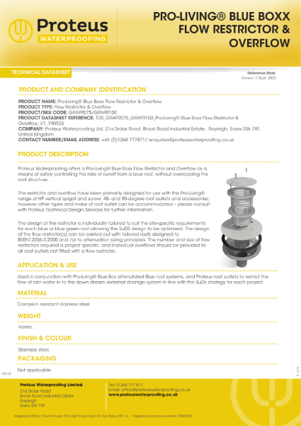 Product Data Sheet - Pro-Living® Blue Boxx Flow Restrictor and Overflow