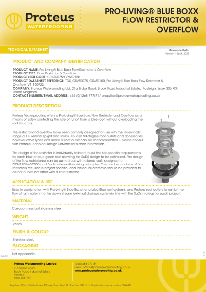 Product Data Sheet - Proteus Pro-Living® Blue Boxx Flow Restrictor and Overflow