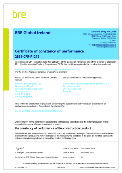 FIRELink-25 Certificate of constancy of performance | EN54-20