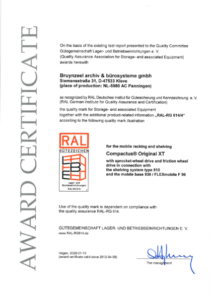 RAL certificate - Compactus® Dynamic Original XT