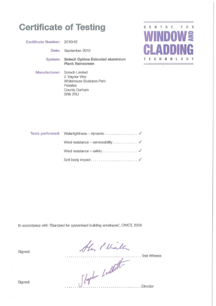 CWCT Certificate for Sotech Optima XPC Extruded Aluminium Plank Rainscreen