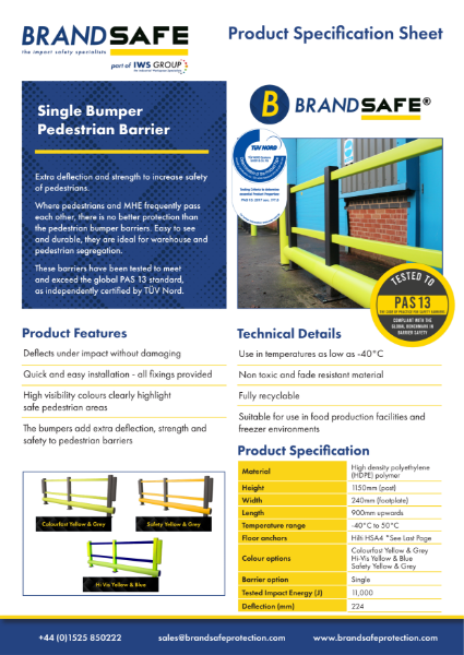 Pedestrian Safety Barrier (Single Bumper) - Brandsafe Spec Sheet