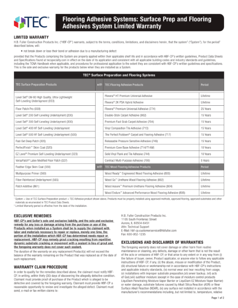 Flooring Adhesive Systems: Surface Prep and Flooring
Adhesives System Limited Warranty