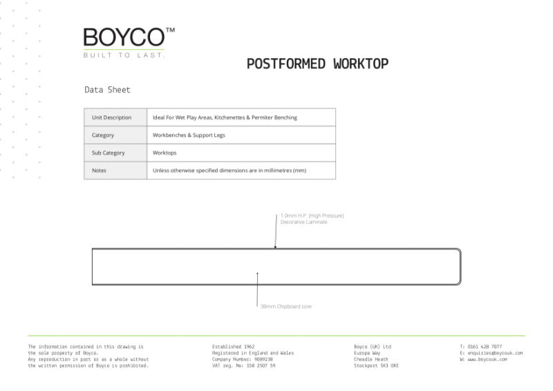 POSTFORMED WORKTOP DATA SHEET