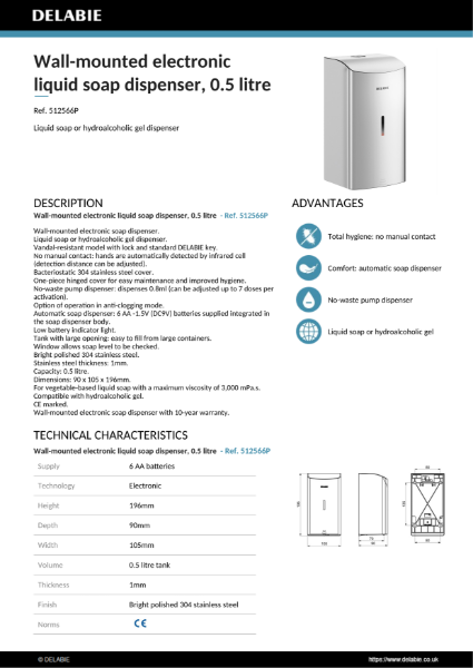 Electronic Soap Dispenser - Bright Polished, 0.5 Litre Product Data Sheet