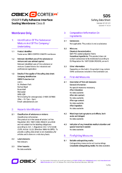 OBEX CORTEX 0560FR Self-Adhesive Interface Sealing Membrane SDS