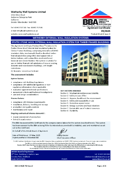 Epsitec Stone Wool External Wall System for Timber Framed Buildings 09/4625 - PS4