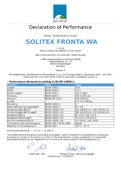Solitex Fronta WA NSAI Certificate
