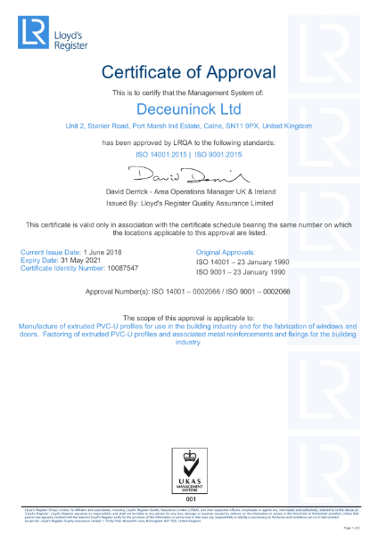 ISO 9001 / 14001 : 2015 Certificate | Deceuninck Ltd | NBS Source