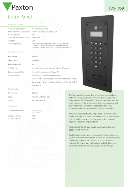 Entry, Standard Panel - data sheet