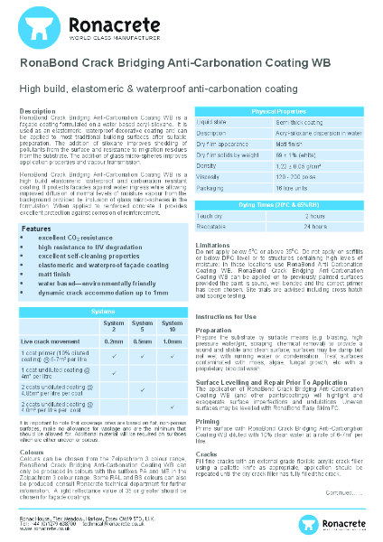 RonaBond Crack Bridging Anti Carbonation Coating WB technical data sheet
