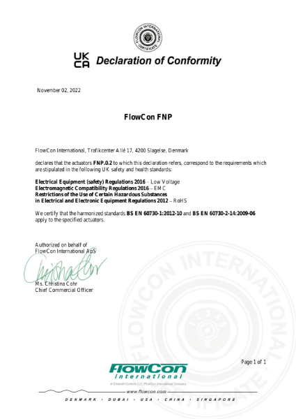 FlowCon FNP Actuator UKCA Certificate