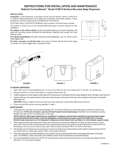 Instruction for installation and maintenance - Bobrick ConturaSeries® Model 818615 Surface-Mounted Soap Dispenser