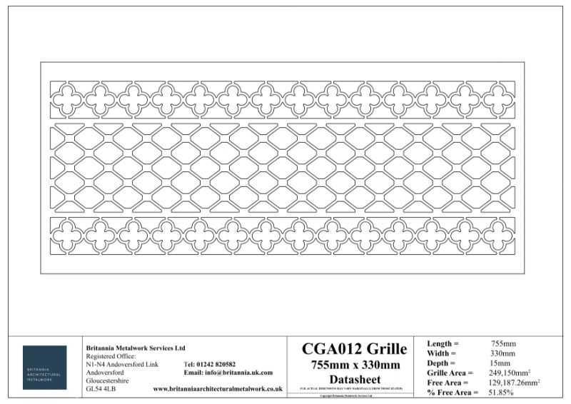 CGA012 755 x 330 Grille Datasheet