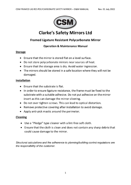 CSM Framed Ligature Resistant Polycarbonate Safety Mirror O&M Manual Rev02