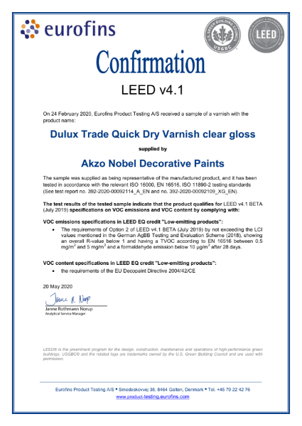 Dulux Trade Quick Dry Varnish LEED Attestation