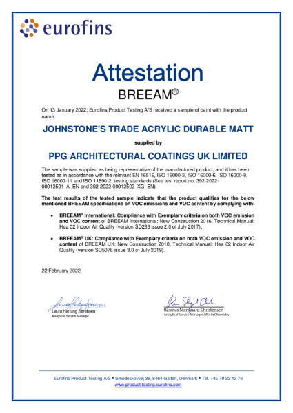 BREEAM Attestations - Eurofins Product Testing - Johnstone's Acrylic Durable Matt