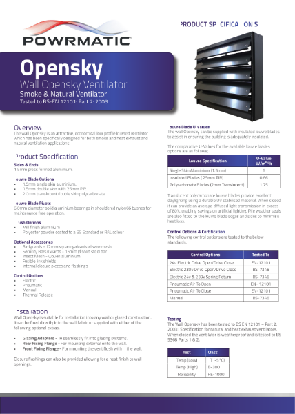 Wall Opensky Ventilator Product Specification Sheet