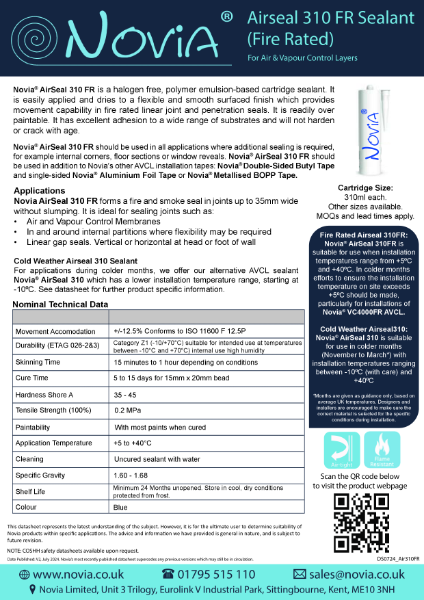 Novia AirSeal 310FR Sealant Cartridge Technical Datasheet