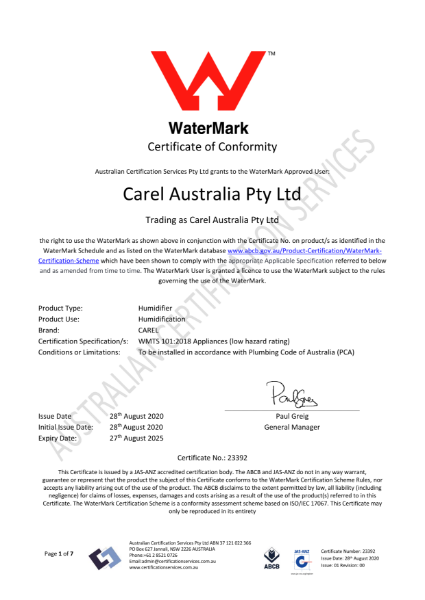 Certificate of Conformity to Watermark WMTS 101:2018 Appliances (low hazard rating). Certificate Number 23392. Model ID UU**D.