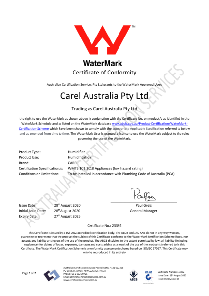 Certificate of Conformity to Watermark WMTS 101:2018 Appliances (low hazard rating). Certificate Number 23392. Model ID UU01*.