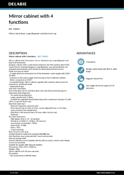 Mirror cabinet with 4 functions Product Data Sheet - Ref. 510203